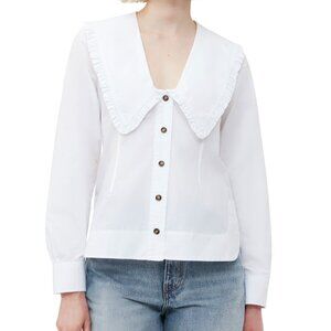 GANNI Cotton Poplin V-Neck Frill Collar Shirt - White, DE38/ US8